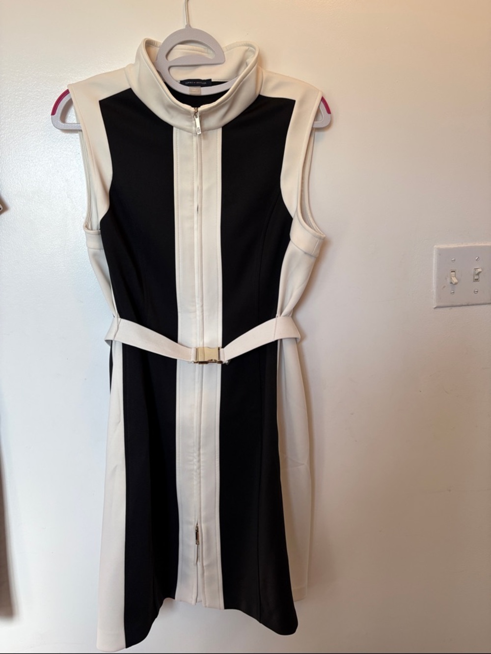 Tommy Hilfiger Black and Cream Sleeveless Zip Midi Dress with Belt